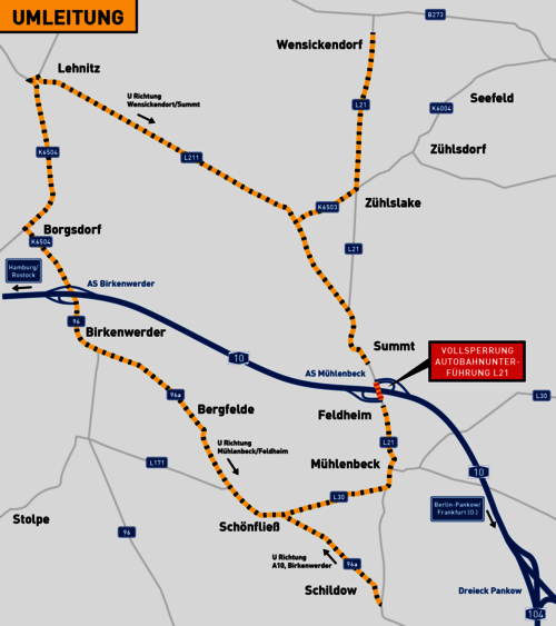 Ausbau Der Bab10 Nordlicher Berliner Ring Vollsperrung Der Autobahnunterfuhrung L21 Der Anschlussstelle Muhlenbeck Von Fr 28 2 2020 22 00 Uhr Bis Mo 2 3 2020 5 00 Uhr Wegen Bruckenabriss Gemeinde Birkenwerder Grun Erleben